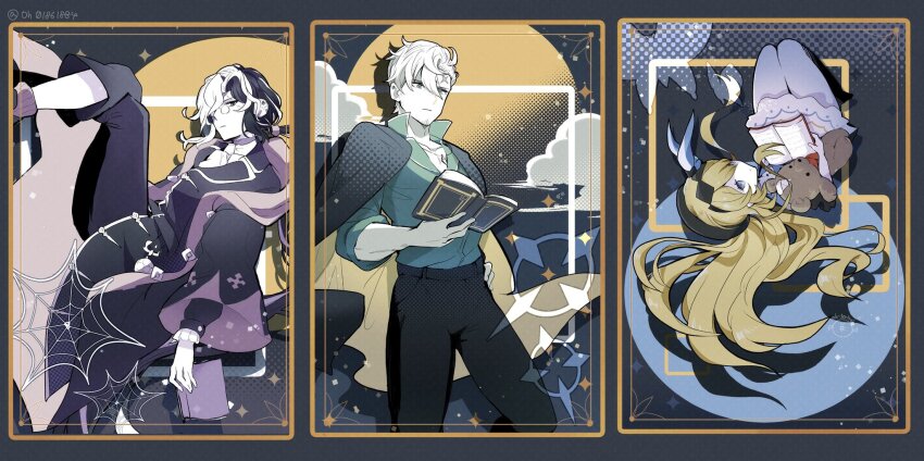 1girl, 2boys, beard_stubble, beret, black_background, black_cape, black_coat, black_hair