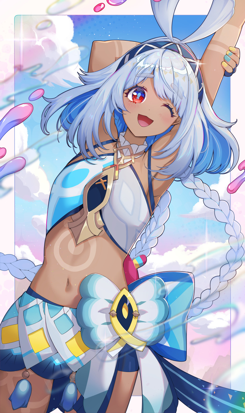 1girl, absurdres, armpits, arms_up, bare_shoulders, blue_hair, blue_hairband, blue_nails