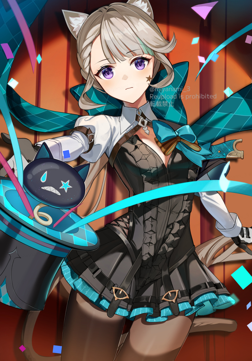 1girl, animal_ear_fluff, animal_ears, blush, bow, breasts, brown_hair, cat_ears