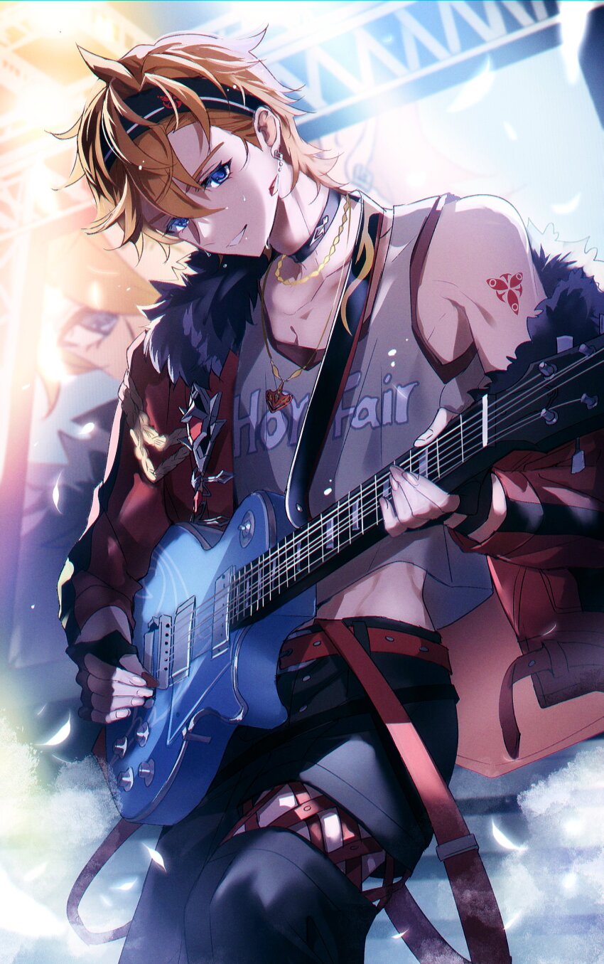 1boy, absurdres, alternate_costume, bass_guitar, black_pants, blue_eyes, earrings, fur-trimmed_jacket, fur_trim, genshin_impact, grey_tank_top, guitar, hair_between_eyes, headband, highres, holding, holding_guitar, holding_instrument, instrument, jacket, jewelry, male_focus, midriff, music, necklace, orange_hair, pants, playing_instrument, red_jacket, smile, solo, tank_top, tartaglia_(flame_fusion)_(genshin_impact), tartaglia_(genshin_impact), teeth, torisukedesu