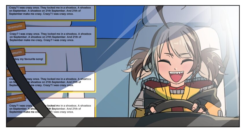 1girl, :d, ^_^, ahoge, black_gloves, border, brown_hair, chat_log