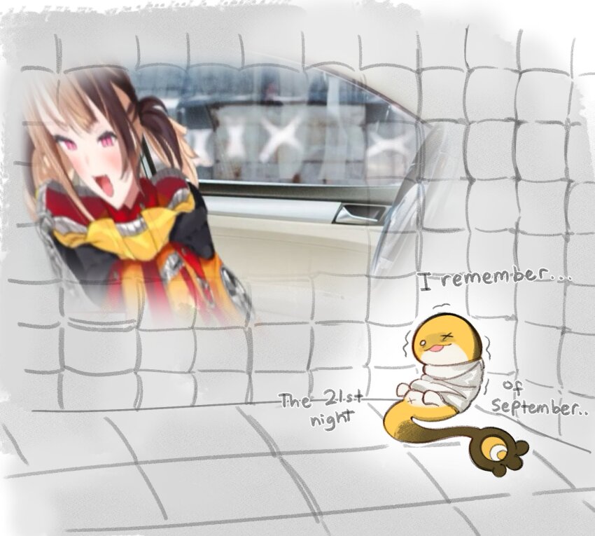 1girl, :d, brown_hair, car, commentary, english_commentary, english_text, fang