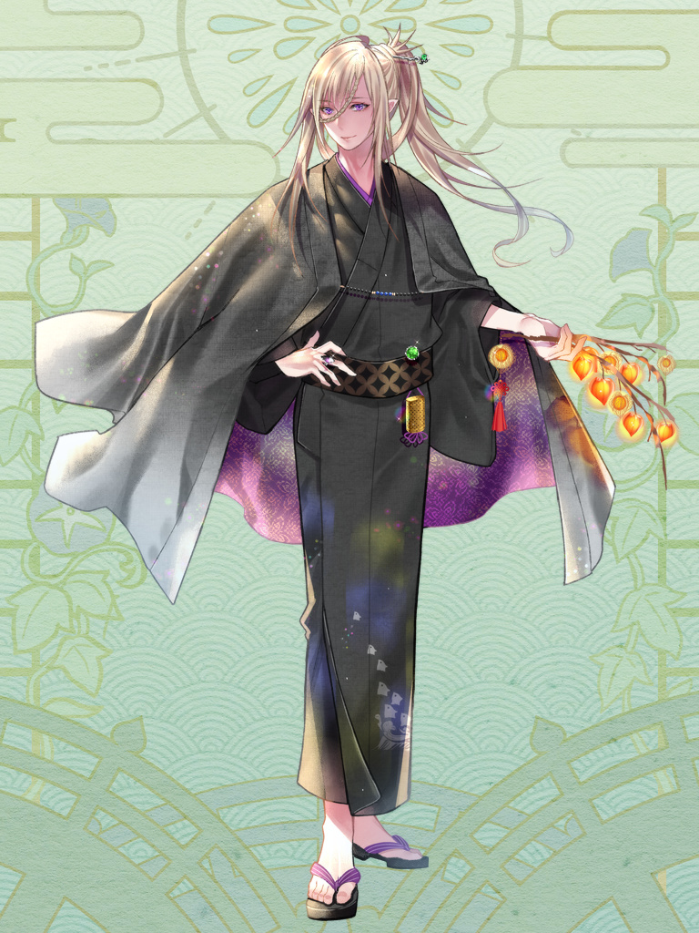 1boy, black_jacket, black_kimono, black_sash, blonde_hair, braid, braided_bangs, branch