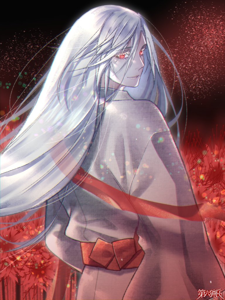 1boy, closed_mouth, colored_eyelashes, cowboy_shot, dairoku_ryouhei, field, flower, flower_field