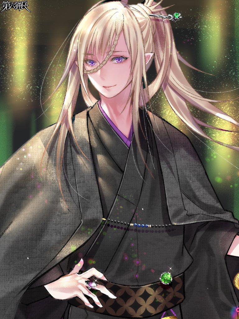 1boy, black_jacket, black_kimono, black_sash, blonde_hair, blurry, blurry_background, braid, braided_bangs, charm_(object), closed_mouth, dairoku_ryouhei, falchet_hubert, gem, green_gem, hair_between_eyes, hair_ornament, hair_stick, hand_on_own_hip, haori, ihara_(wi_m0), jacket, jacket_on_shoulders, japanese_clothes, jewelry, kimono, long_hair, long_sleeves, looking_at_viewer, male_focus, pointy_ears, ponytail, purple_gem, purple_jacket, ring, sash, shippou_(pattern), smile, solo, upper_body, yukata