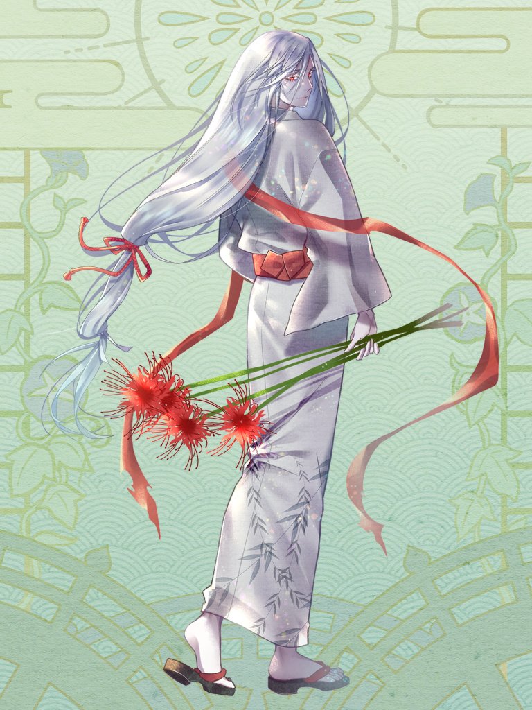 1boy, closed_mouth, colored_eyelashes, dairoku_ryouhei, field, flower, from_behind, full_body