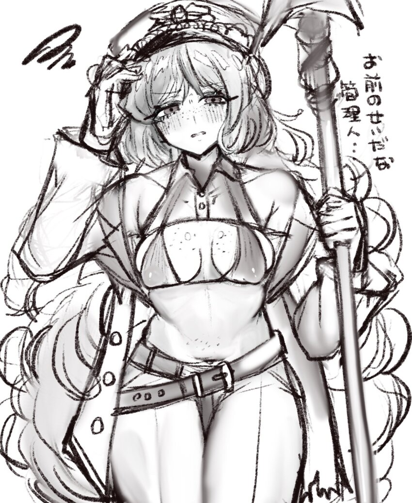 arm_up, belt, bikini, blush, body_freckles, breasts, cowboy_shot, freckles