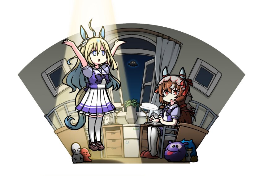 2girls, ahoge, alien, animal_ears, bed, bedroom, blonde_hair, blue_eyes