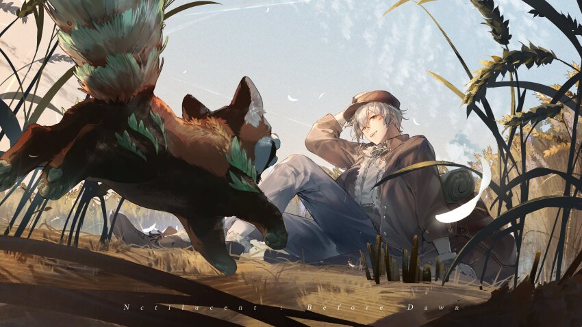 1boy, absurdres, animal, anli_(noctilucent), backpack, bag, blue_sky, copyright_name