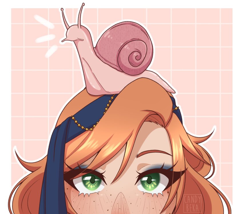 1girl, animal, animal_on_head, blue_eyeshadow, blue_headband, border, candybeka, commentary