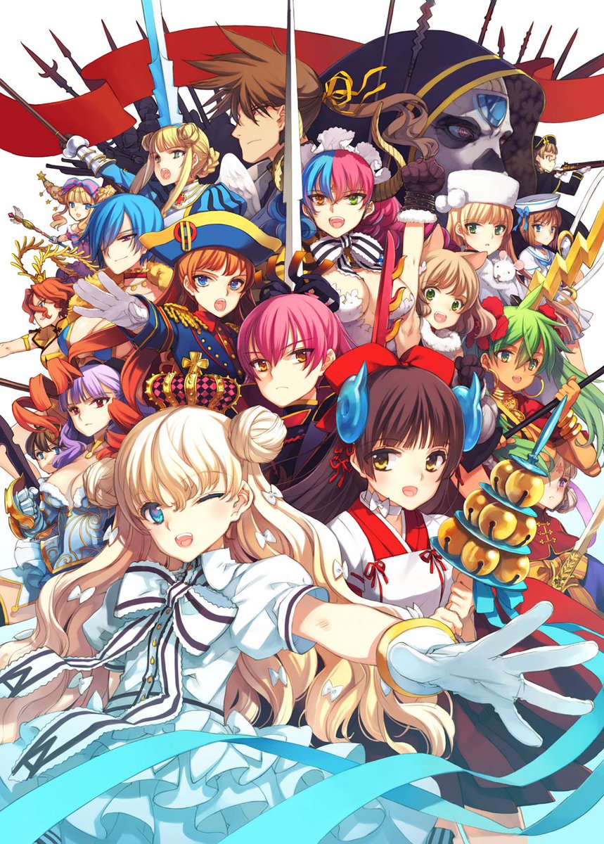 6+girls, :d, ;d, alexander_(eiyuu_senki), annotated, bell, bicorne, blonde_hair