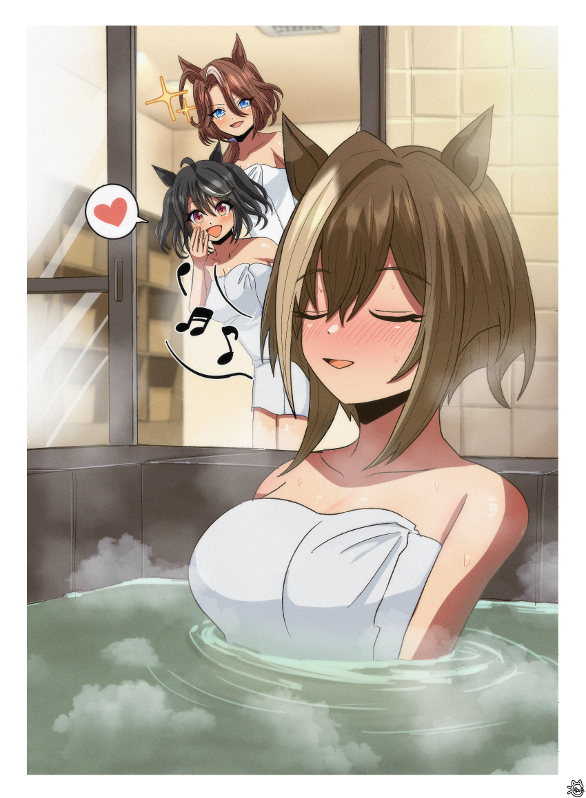 3girls, absurdres, ahoge, alternate_costume, animal_ears, artist_logo, bare_shoulders, bath