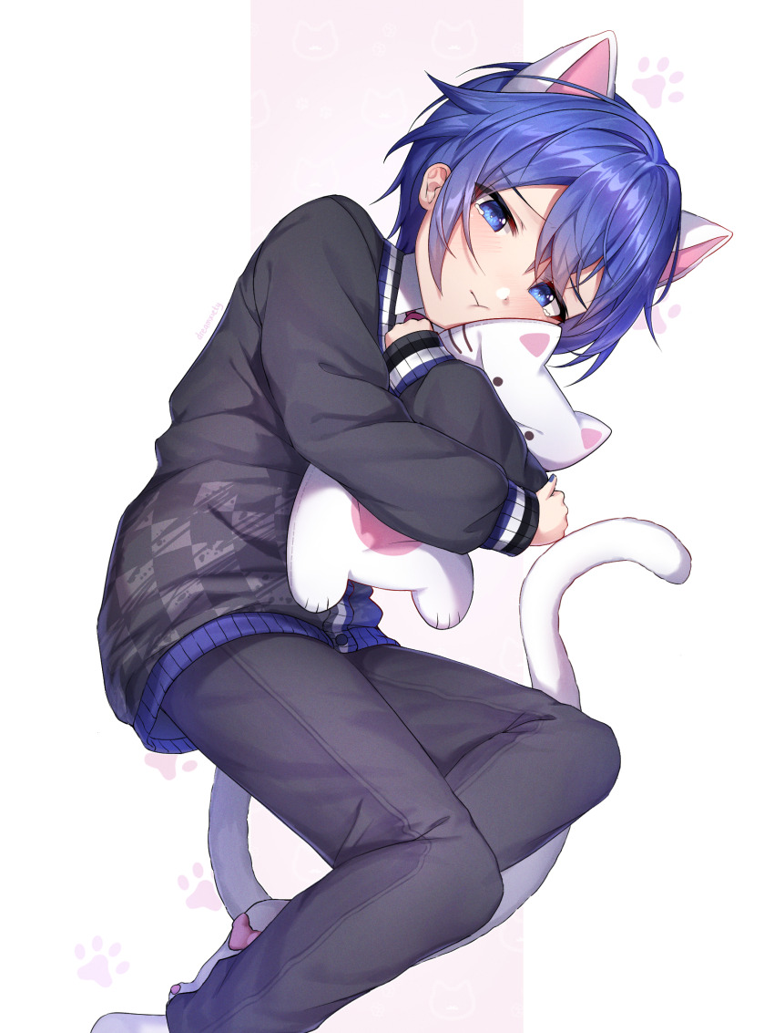 1boy, absurdres, animal_ears, blue_eyes, blue_hair, blush, cat_boy, cat_ears