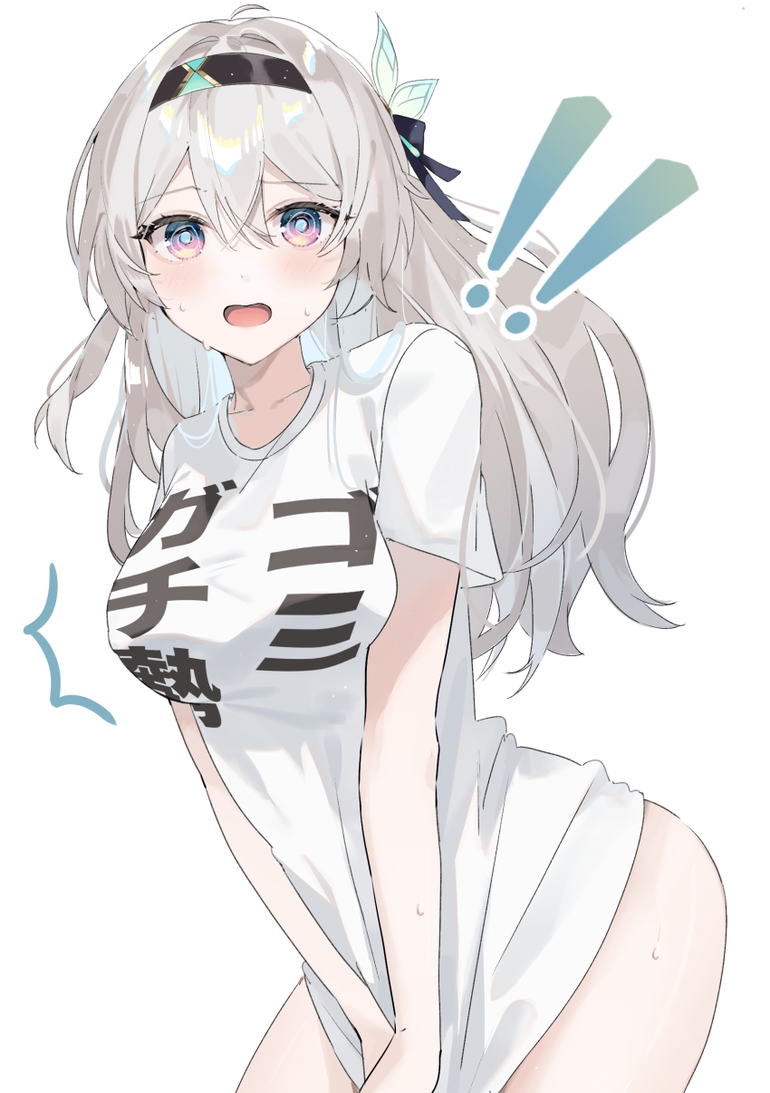 !, !!, 1girl, absurdres, alternate_costume, black_hairband, breasts, clothes_writing