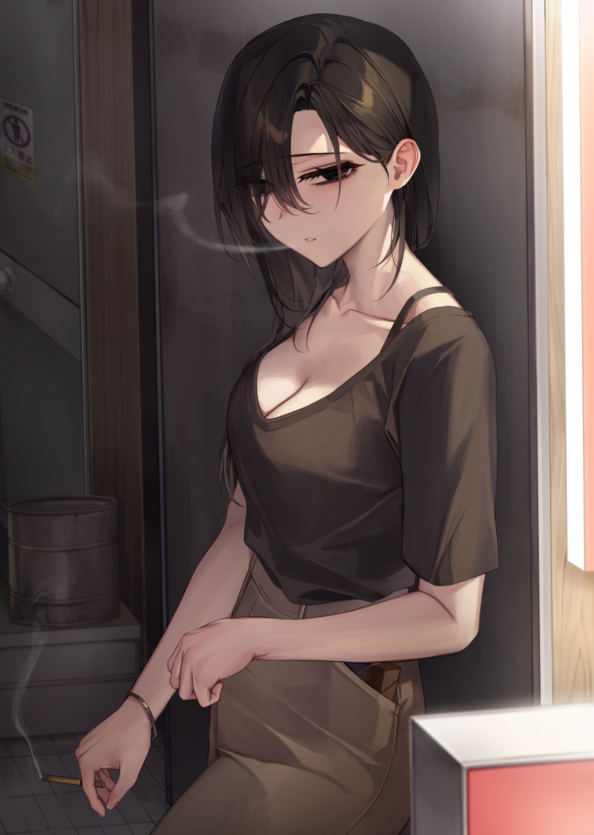 1girl, against_wall, black_eyes, black_hair, black_shirt, bra_strap, bracelet, breasts