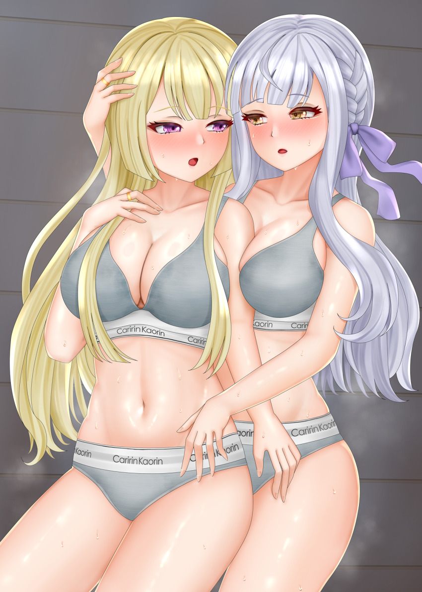 2girls, arm_between_breasts, arm_up, assault_lily, bare_arms, bare_shoulders, behind_another, between_breasts