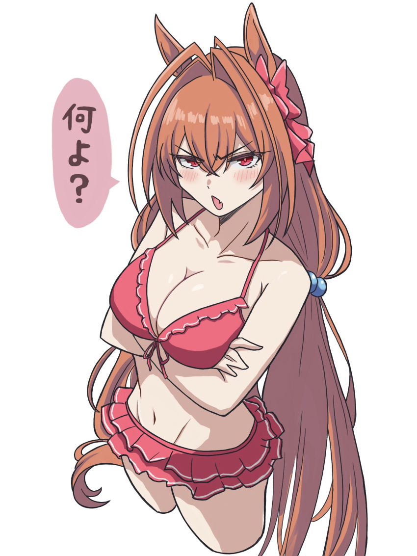1girl, animal_ears, bare_shoulders, bikini, bow, breasts, brown_hair, cleavage
