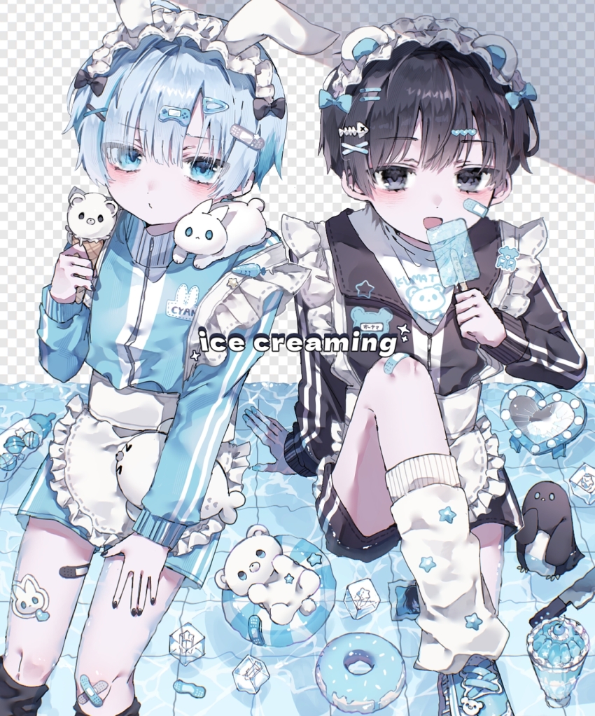 2boys, aegyo_sal, animal-themed_food, animal_ears, apron, bear_ears, bird, black_hair