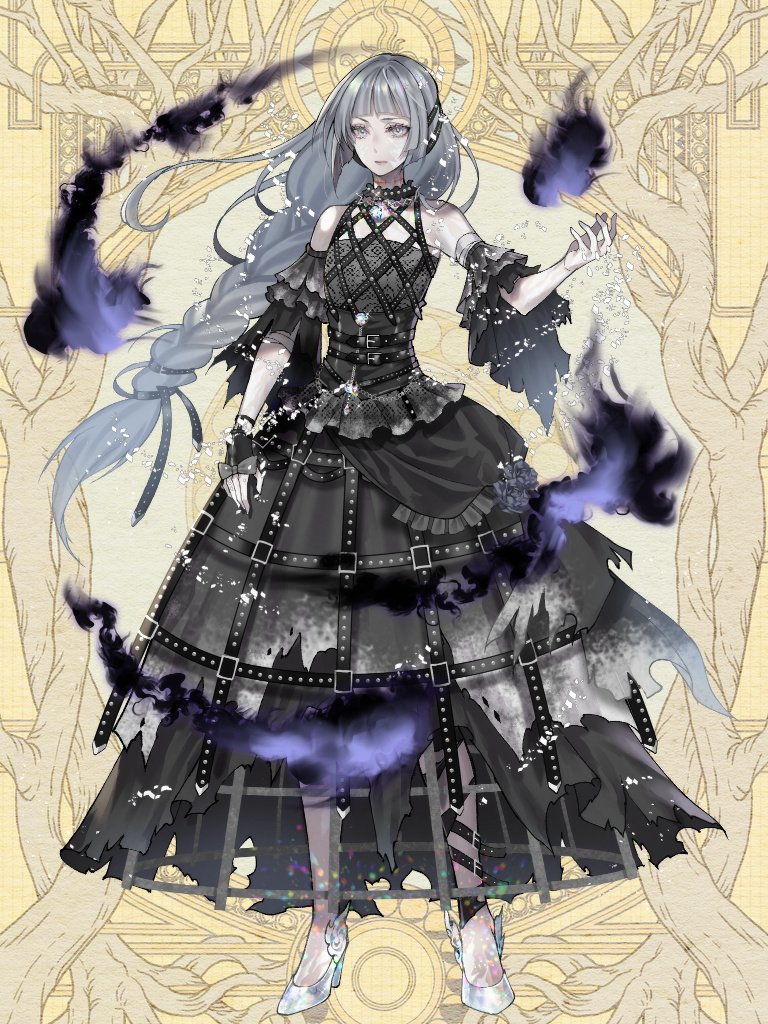 1boy, :|, arm_at_side, belt, black_belt, black_dress, black_fire, black_gloves, blunt_bangs, bow, braid, closed_mouth, crinoline, crossdressing, crossdressing_(mtf), daimon_karyudo, dairoku_ryouhei, detached_sleeves, dress, fingerless_gloves, fire, full_body, gem, glass_slipper, glove_bow, gloves, grey_bow, grey_eyes, hair_belt, hand_up, high_heels, ihara_(wi_m0), leg_belt, long_dress, long_hair, long_sleeves, looking_at_viewer, low-braided_long_hair, low-tied_long_hair, male_focus, multiple_belts, pyrokinesis, single_braid, single_glove, sleeveless, sleeveless_dress, solo, standing, three-quarter_sleeves, torn_clothes, torn_dress, torn_sleeves, trap, very_long_hair, white_footwear, yellow_background