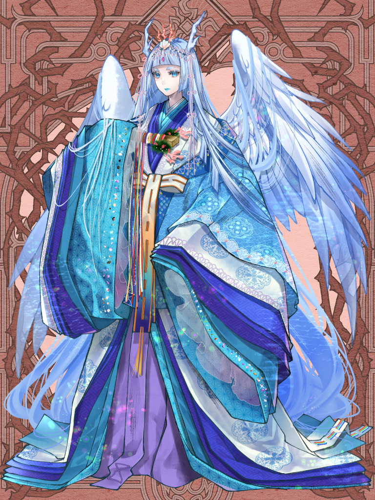1girl, angel_wings, asa_no_ha_(pattern), beads, blue_eyes, blue_eyeshadow, blue_hair, blue_kimono, blue_lips, blunt_bangs, brown_background, closed_mouth, coral_hair_ornament, dairoku_ryouhei, dragon_horns, eastern_dragon_horns, expressionless, eyeshadow, feathered_wings, folded_fan, folding_fan, full_body, hair_beads, hair_flowing_over, hair_ornament, hand_fan, head_chain, holding, holding_fan, horns, ihara_(wi_m0), japanese_clothes, jewelry, karaginu_mo, kimono, layered_clothes, layered_kimono, layered_sleeves, light_blue_hair, lipstick, long_hair, long_sleeves, looking_at_viewer, makeup, multicolored_kimono, purple_kimono, see-through_clothes, seigaiha, shell, shell_hair_ornament, short_eyebrows, sleeves_past_fingers, sleeves_past_wrists, solo, standing, todomi_pandora, very_long_hair, white_kimono, white_wings, wide_sleeves, wings
