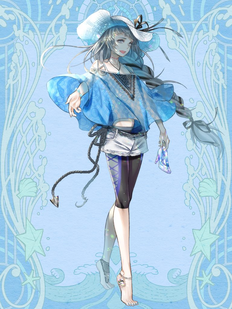 1boy, barefoot, black_ribbon, blue_background, bracelet, braid, daimon_karyudo, dairoku_ryouhei