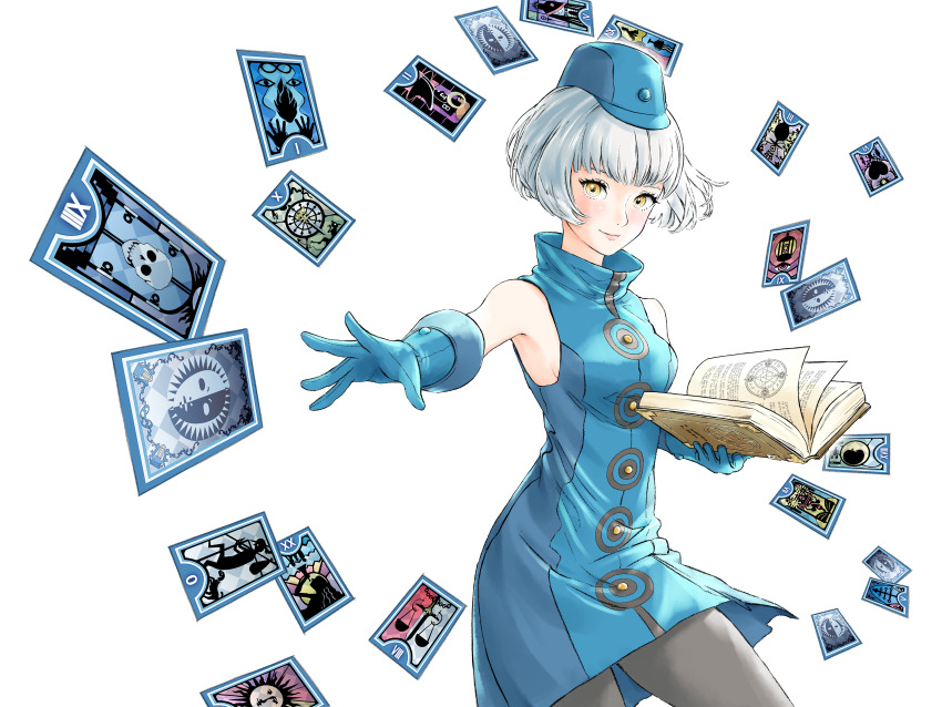 1girl, absurdres, black_pantyhose, blue_dress, blue_gloves, blue_hat, blunt_bangs, bob_cut