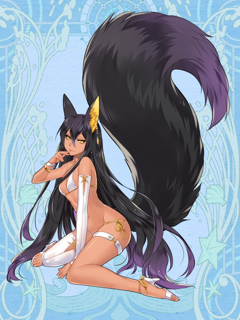1girl, animal_ears, ass, black_hair, blue_background, bracelet, breasts, dairoku_ryouhei, dark-skinned_female, dark_skin, ena_(tommy_walker), full_body, hair_between_eyes, hand_up, helmine_grimgerde, high_heels, jewelry, long_hair, single_thighhigh, sitting, small_breasts, solo, tail, thigh_strap, thighhighs, very_long_hair, yellow_eyes, yellow_nails