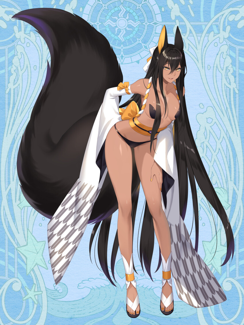 1girl, animal_ears, black_hair, blue_background, breasts, dairoku_ryouhei, dark-skinned_female, dark_skin, detached_sleeves, ena_(tommy_walker), full_body, hair_between_eyes, helmine_grimgerde, highres, leaning_forward, long_hair, pasties, sandals, small_breasts, solo, tail, tan, very_long_hair, wide_sleeves, yellow_eyes, yellow_nails