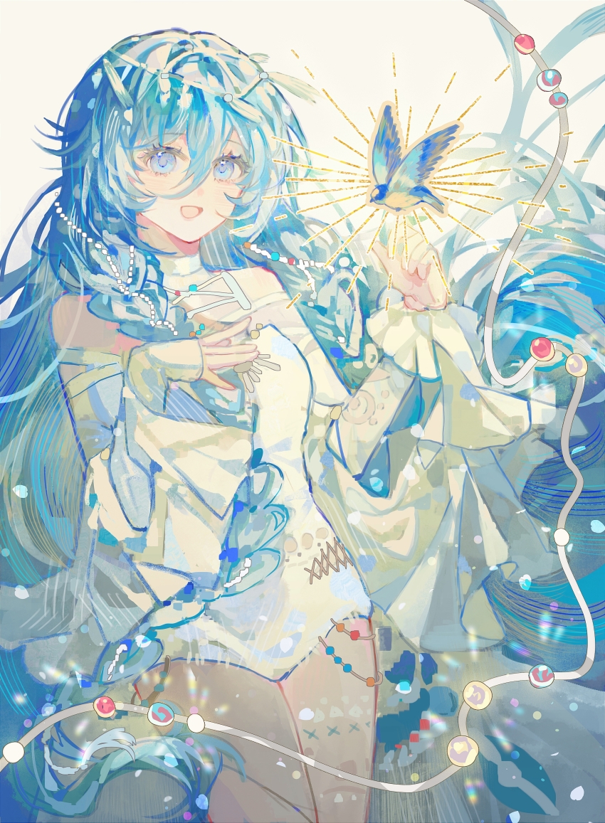 1girl, 37_(down_in_the_grotto)_(reverse:1999), 37_(reverse:1999), :d, absurdres, bare_shoulders, bird, bird_on_hand