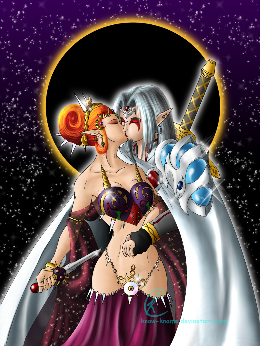 1boy, 1girl, alternate_costume, alternate_form, armor, aura, bare_shoulders, black_eyes, black_sun, blue_gem, breasts, cape, cleavage, closed_mouth, commentary, couple, crescent, crescent_hair_ornament, crescent_print, dress, earrings, eclipse, english_commentary, facial_mark, facial_tattoo, fierce_deity, fingerless_gloves, gem, gloves, glowing, hair_ornament, heart, heart_bra, highres, holding, holding_another's_wrist, holding_knife, holding_weapon, horns, humanization, imminent_stabbing, jewelry, kiss, knife, know-kname, long_hair, majora_(zelda), medium_hair, midriff, night, nintendo, orange_hair, pauldrons, personification, pointy_ears, red_gem, shoulder_armor, sky, solar_eclipse, star_(sky), sun, sword, tattoo, the_legend_of_zelda, the_legend_of_zelda:_majora's_mask, thighhighs, thighs, weapon, white_hair