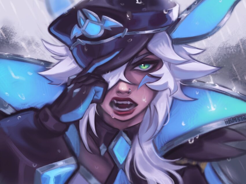 1girl, adjusting_clothes, adjusting_headwear, animal_ears, battle_bat_xayah, black_gloves, black_hat, face_piercing, gloves, green_eyes, hand_on_headwear, hat, hat_tip, highres, kisume_to, league_of_legends, long_hair, looking_at_viewer, military_hat, nose_piercing, nose_ring, piercing, portrait, rain, ring_piercing, sharp_teeth, solo, teeth, water_drop, white_hair, xayah