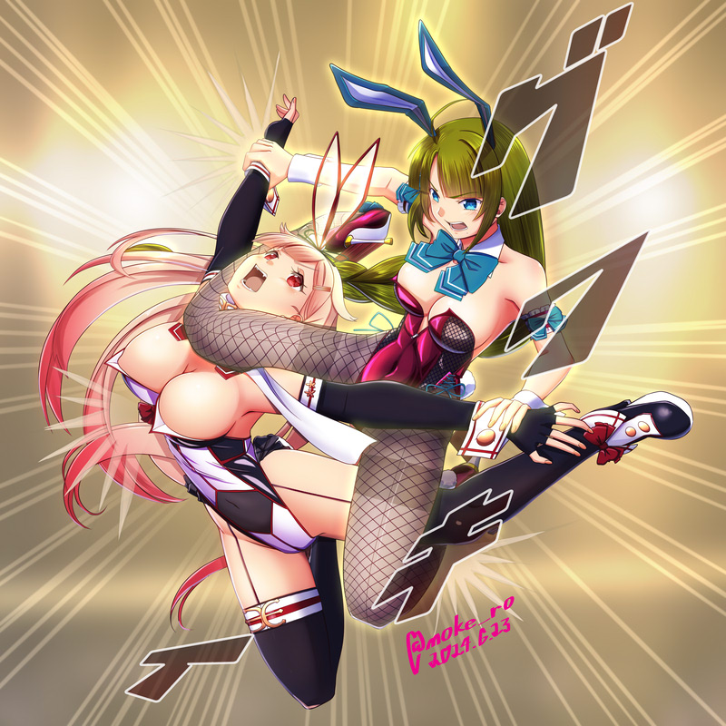 adapted_costume, animal_ears, aqua_bow, aqua_bowtie, black_gloves, black_thighhighs, blonde_hair, blue_eyes