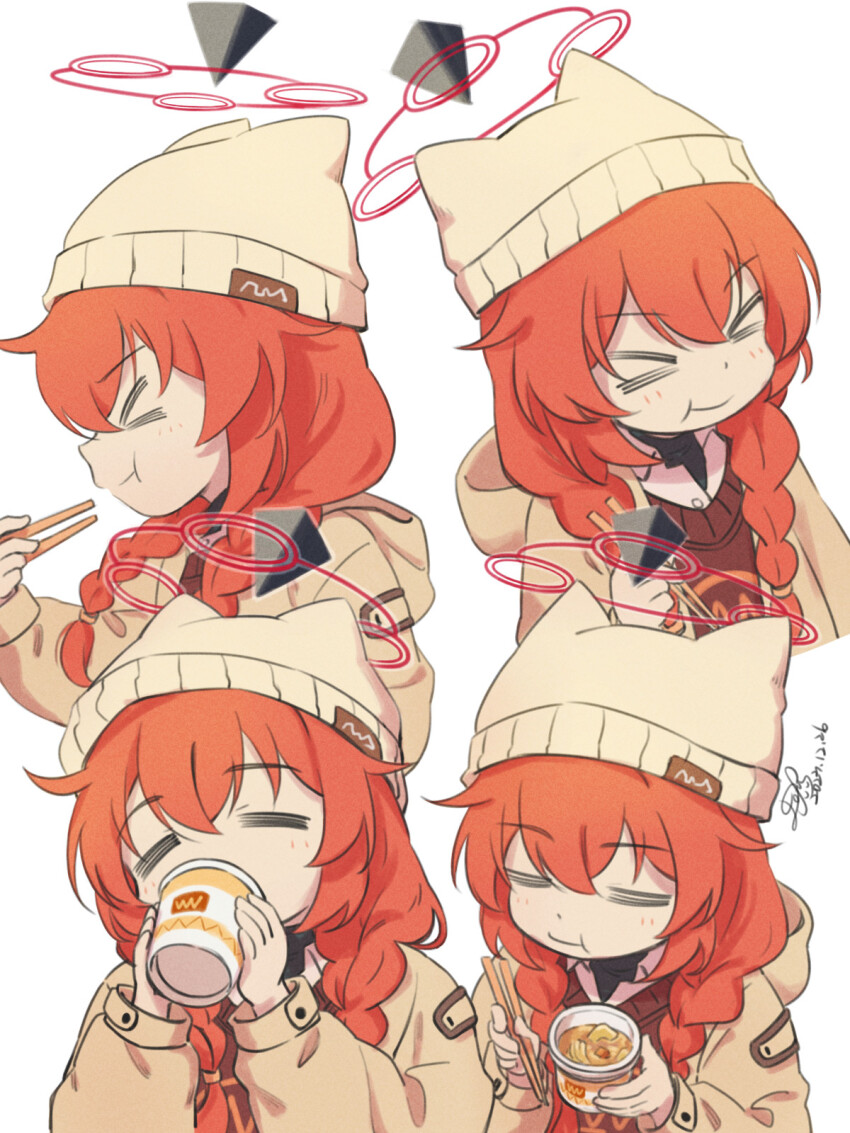 1girl, :t, animal_ear_headwear, animal_ears, beanie, blue_archive, braid, brown_shirt