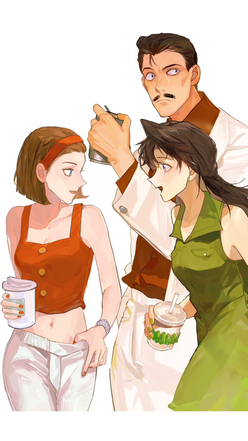 1boy, 2girls, bracelet, brown_hair, collared_dress, commentary, cowboy_shot, cup, dress, english_commentary, eye_contact, facial_hair, father_and_child, father_and_daughter, formal_clothes, green_dress, hairband, highres, holding, holding_cup, jewelry, light_brown_hair, long_hair, looking_at_another, looking_to_the_side, meitantei_conan, mercuryxun, mouri_kogoro, mouri_ran, multiple_girls, mustache, orange_nails, pants, parent_and_child, profile, red_hairband, simple_background, sleeveless, sleeveless_dress, suit, suzuki_sonoko, white_background, white_pants, white_suit