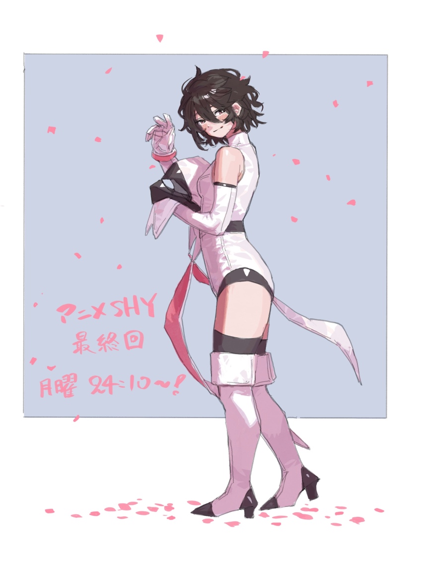 1girl, absurdres, bare_shoulders, belt, black_belt, black_hair, black_thighhighs, blush, boots, breasts, bukimi_isan, cosplay, from_side, grey_background, hair_between_eyes, hand_up, high_heel_boots, high_heels, highres, holding_hood, leotard, momijiyama_teru, petals, short_hair, shy_(character), shy_(character)_(cosplay), shy_(series), small_breasts, smile, thigh_boots, thighhighs, translation_request, two-tone_background, white_leotard