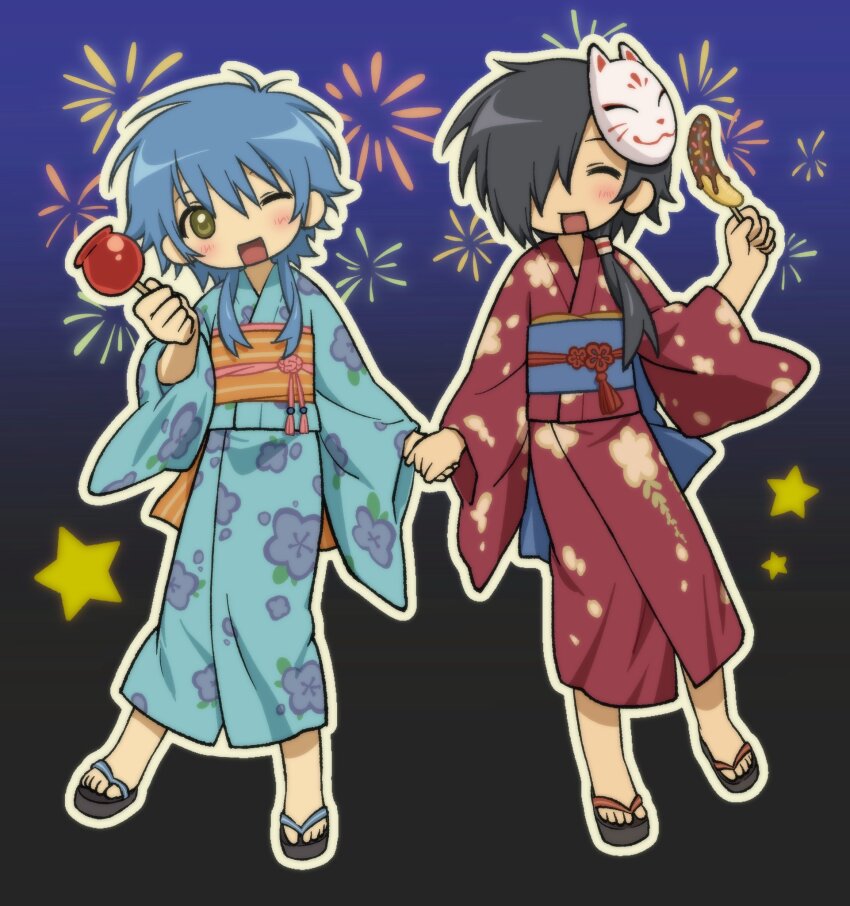 2boys, black_hair, blue_hair, blue_kimono, blush, candy_apple, chocolate-covered_food, chocolate_banana