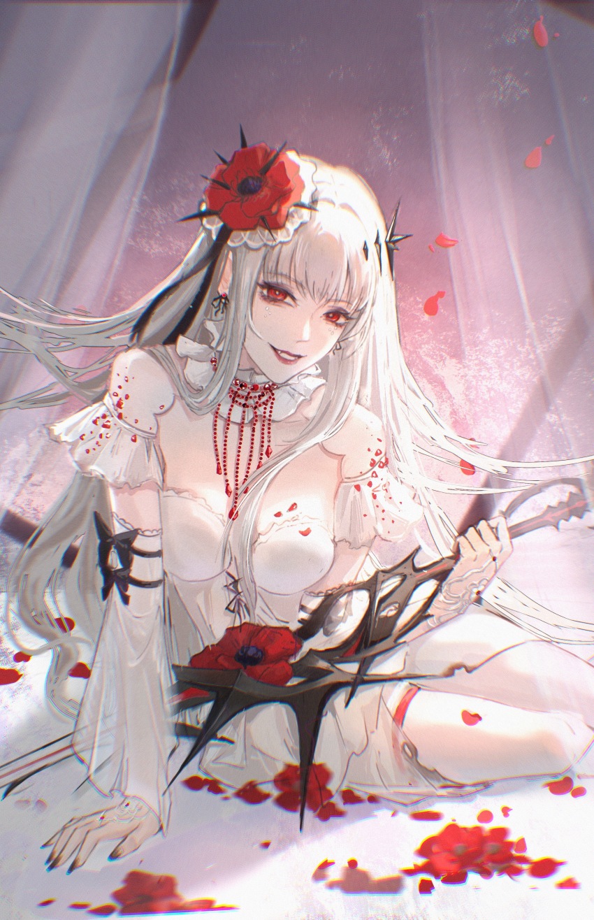 1girl, absurdres, babydoll, bridal_gauntlets, burnt_clothes, chinese_commentary, commentary, coquelic_(path_to_nowhere), detached_sleeves, dress, facial_mark, falling_petals, fascinator, flower, full_body, hair_flower, hair_ornament, highres, holding, holding_sword, holding_weapon, long_hair, looking_at_viewer, mingzi_cmmm, on_bed, path_to_nowhere, petals, poppy_(flower), red_eyes, red_flower, red_petals, ribbon_earrings, see-through_clothes, see-through_sleeves, sitting, sleeve_bow, smile, solo, sword, teardrop_facial_mark, very_long_hair, weapon, white_babydoll, white_dress, white_hair, wide_sleeves, yokozuwari