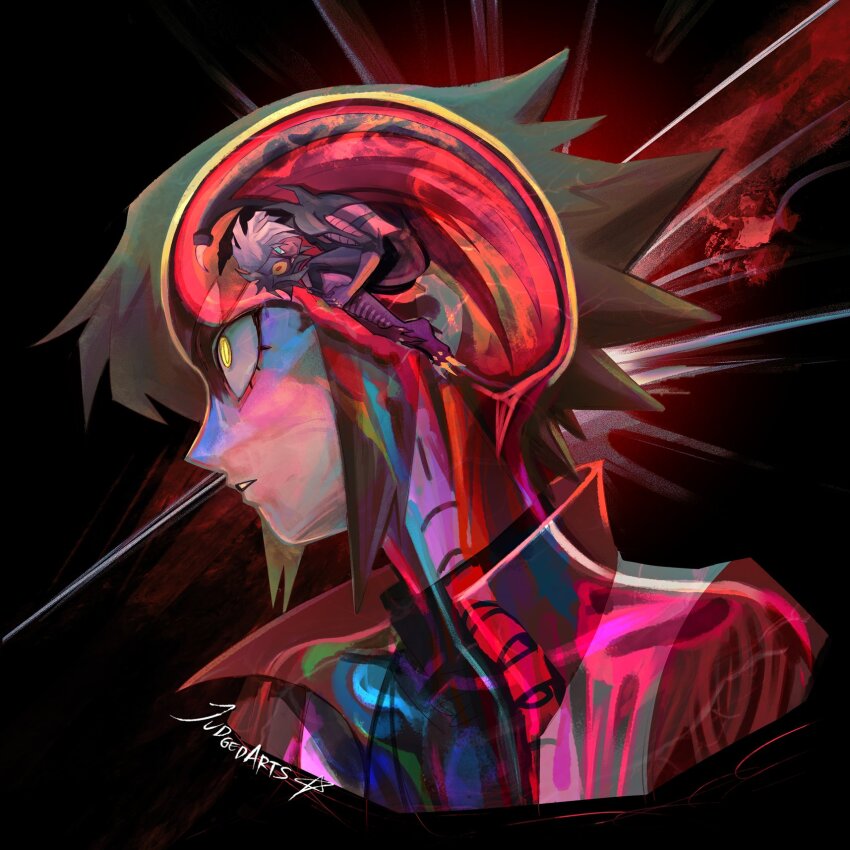 1boy, 1other, anatomy, artist_name, black_shirt, bone, brain, brown_hair