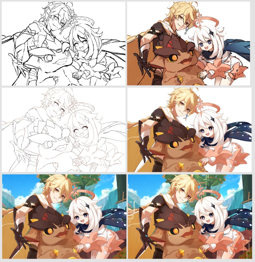 1boy, 1girl, :d, absurdres, aether_(genshin_impact), ahoge, black_cape, black_eyes