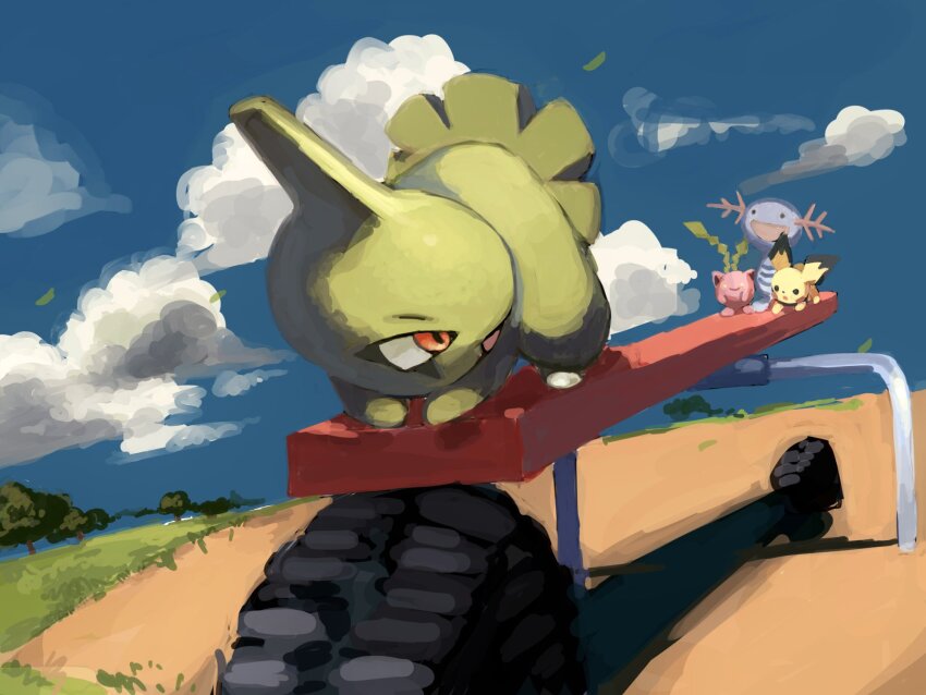 animal_focus, blue_sky, cloud, colored_skin, day, gen_2_pokemon, grass, green_skin