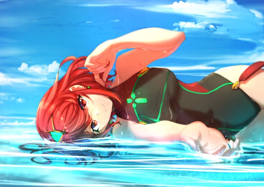 1girl, absurdres, highres, one-piece_swimsuit, poteto_(potetosarada123), pyra_(pro_swimmer)_(xenoblade), pyra_(xenoblade), red_eyes