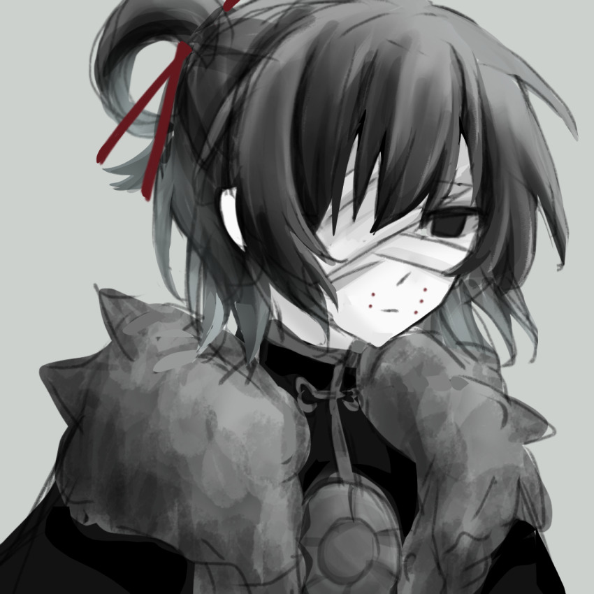 1girl, bandage_over_one_eye, chinese_commentary, closed_mouth, commentary_request, expressionless, facial_mark, fur-trimmed_jacket