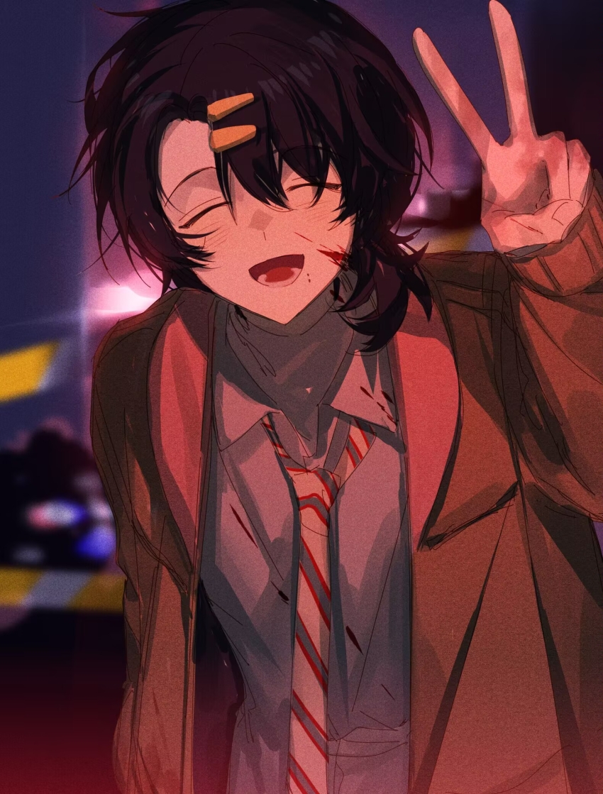 1boy, black_hair, blood, blood_on_clothes, blood_on_face, blurry, blurry_background, brown_jacket