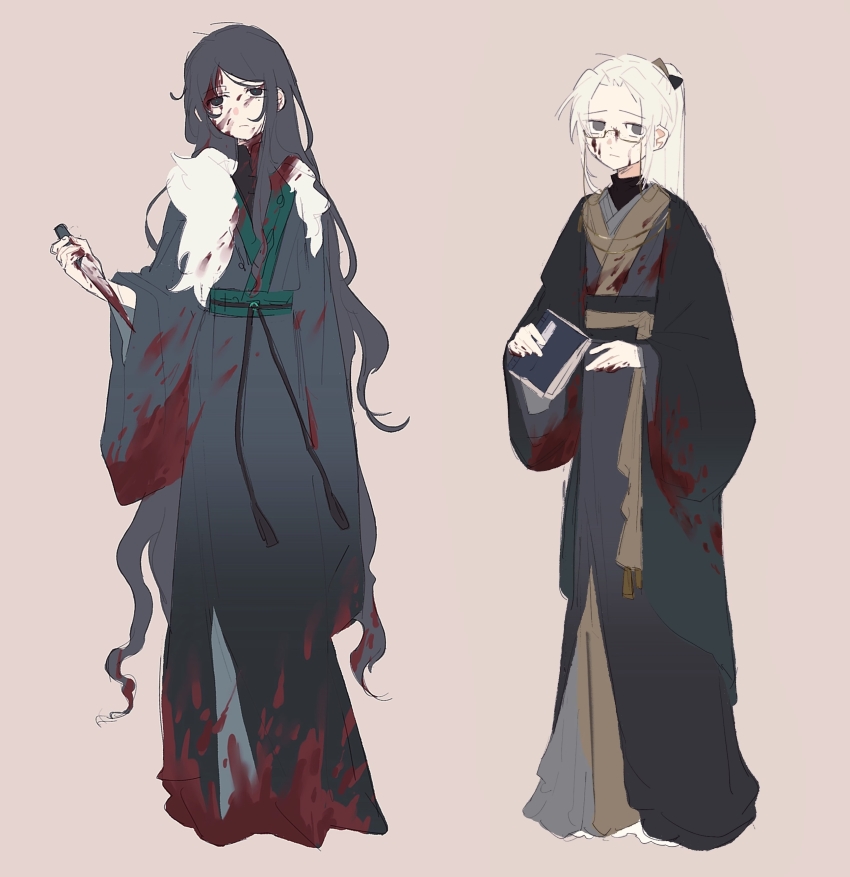 2boys, absurdres, black_coat, black_eyes, black_hair, black_hanfu, black_sash, black_shirt, blood, blood_on_clothes, blood_on_face, book, chinese_clothes, chinese_commentary, closed_mouth, coat, commentary_request, freckles, full_body, fur_trim, glasses, green_sash, hanfu, highres, holding, holding_book, holding_knife, knife, long_hair, luan_zhiyun, male_focus, multiple_boys, open_clothes, open_coat, ponytail, qiao_yingan, rectangular_eyewear, red_background, sash, semi-rimless_eyewear, shirt, sweat, touqi_guaitan, very_long_hair, white_hair, wide_sleeves, yesheng_zong_ren_(3597067554), zhijupao