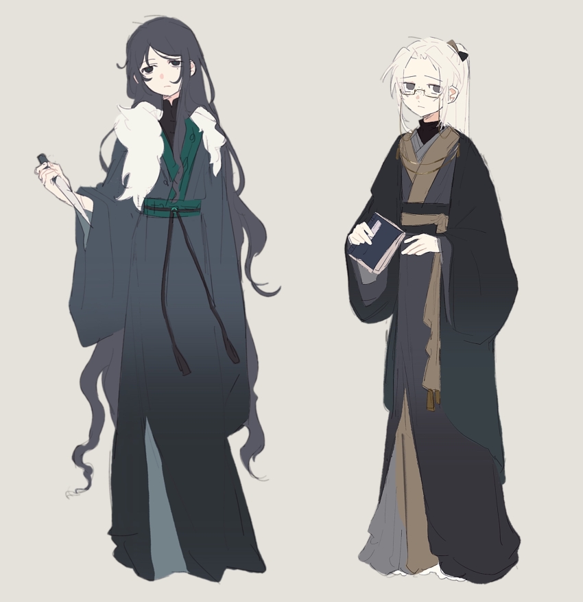 2boys, absurdres, black_coat, black_eyes, black_hair, black_hanfu, black_sash, black_shirt, book, chinese_clothes, chinese_commentary, closed_mouth, coat, commentary_request, freckles, full_body, fur_trim, glasses, green_sash, grey_background, hanfu, highres, holding, holding_book, holding_knife, knife, long_hair, luan_zhiyun, male_focus, multiple_boys, open_clothes, open_coat, ponytail, qiao_yingan, rectangular_eyewear, sash, semi-rimless_eyewear, shirt, sweat, touqi_guaitan, very_long_hair, white_hair, wide_sleeves, yesheng_zong_ren_(3597067554), zhijupao