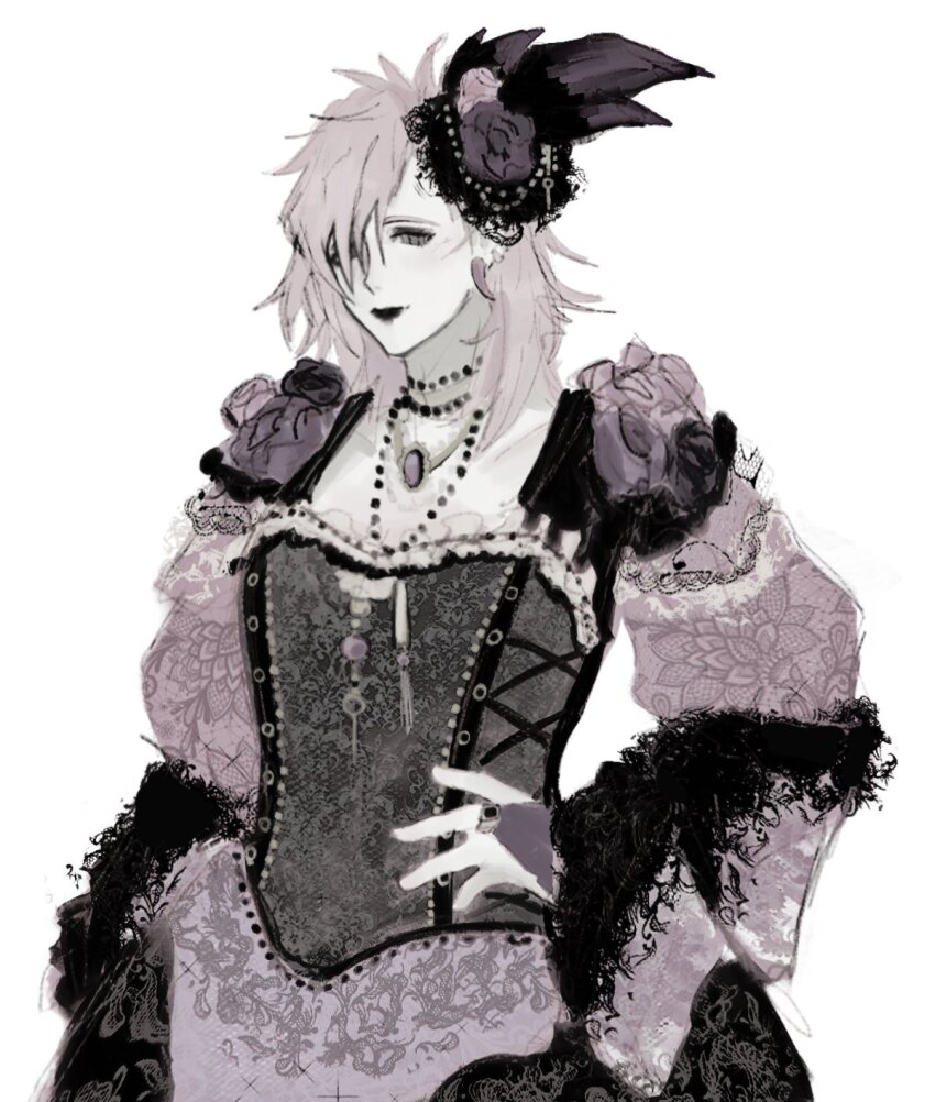 black_lips, corset, dress, flower, frills, hair_ornament, highres, izumi_rei_(slow_damage), jewelry, lace, lace_trim, long_sleeves, necklace, pink_hair, purretrance, rose, slow_damage, spiked_hair