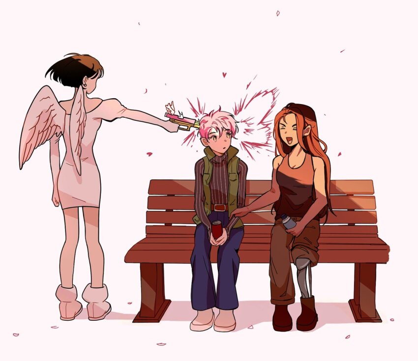 3girls, alien_stage, angel_wings, bench, black_hair, black_shirt, black_tank_top, can