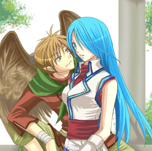 1boy, 1girl, bird_wings, blue_hair, breasts, brown_hair, capelet, feathered_wings