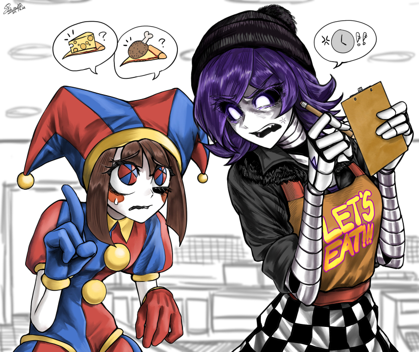 2girls, android, anger_vein, annoyed, apron, asymmetrical_gloves, beanie, black_hat