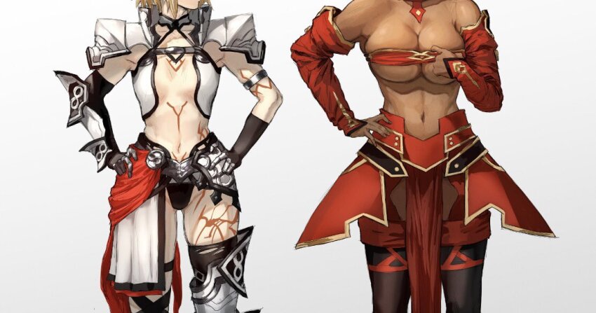 2girls, armor, bare_shoulders, black_gloves, black_thighhighs, blonde_hair, breasts, caenis_(fate), caenis_(fate)_(cosplay), cleavage, cosplay, costume_switch, dark-skinned_female, dark_skin, detached_sleeves, fate/apocrypha, fate/grand_order, fate_(series), gloves, greaves, hand_on_own_hip, hands_on_own_hips, head_out_of_frame, large_breasts, mordred_(fate), mordred_(fate/apocrypha), mordred_(fate/apocrypha)_(cosplay), mordred_(third_ascension)_(fate), multiple_girls, navel, pauldrons, shoulder_armor, simple_background, small_breasts, strapless, tattoo, thighhighs, tonko_from, tube_top, white_background